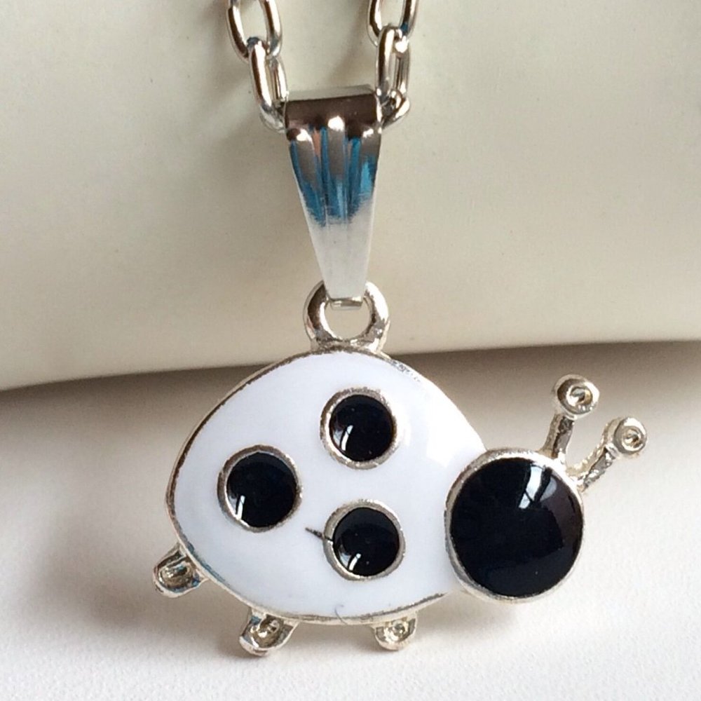 Ladybug Necklace 20" Black White Enamel Insect Beetle Bug Silver Plated